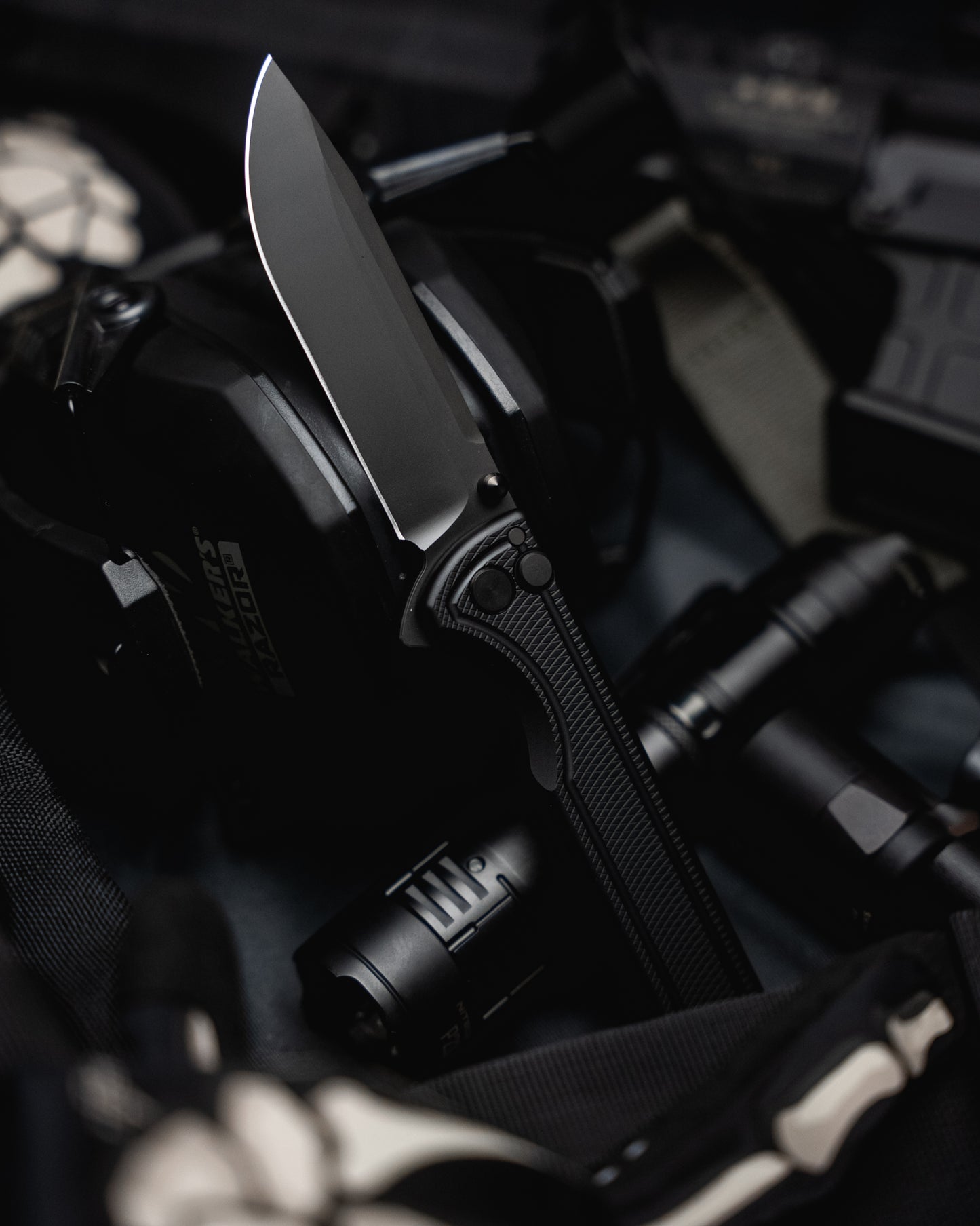 Surf placed with flashlight, ear gear with blurry background