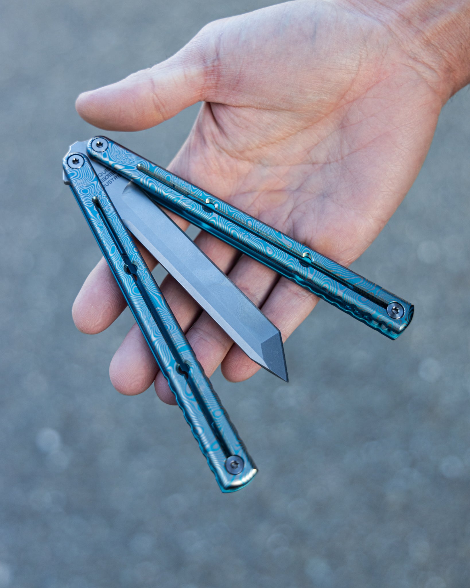 Etched Teal Damascus Titanium Krake Raken Tanto On Hand 