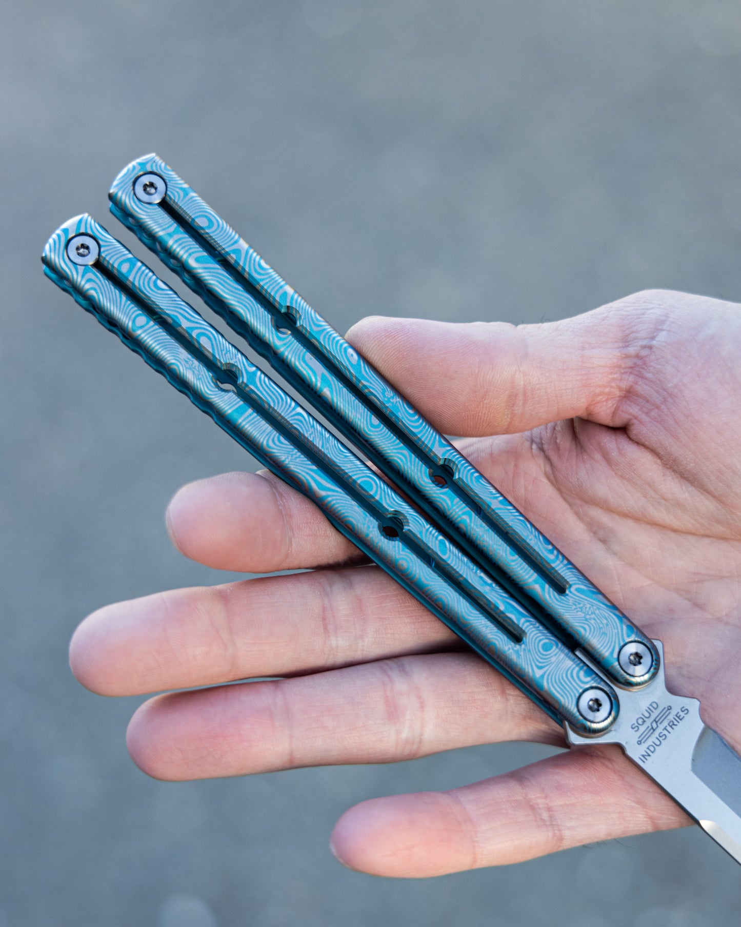 Etched Teal Damascus Titanium Krake Raken Tanto Handle Close Up