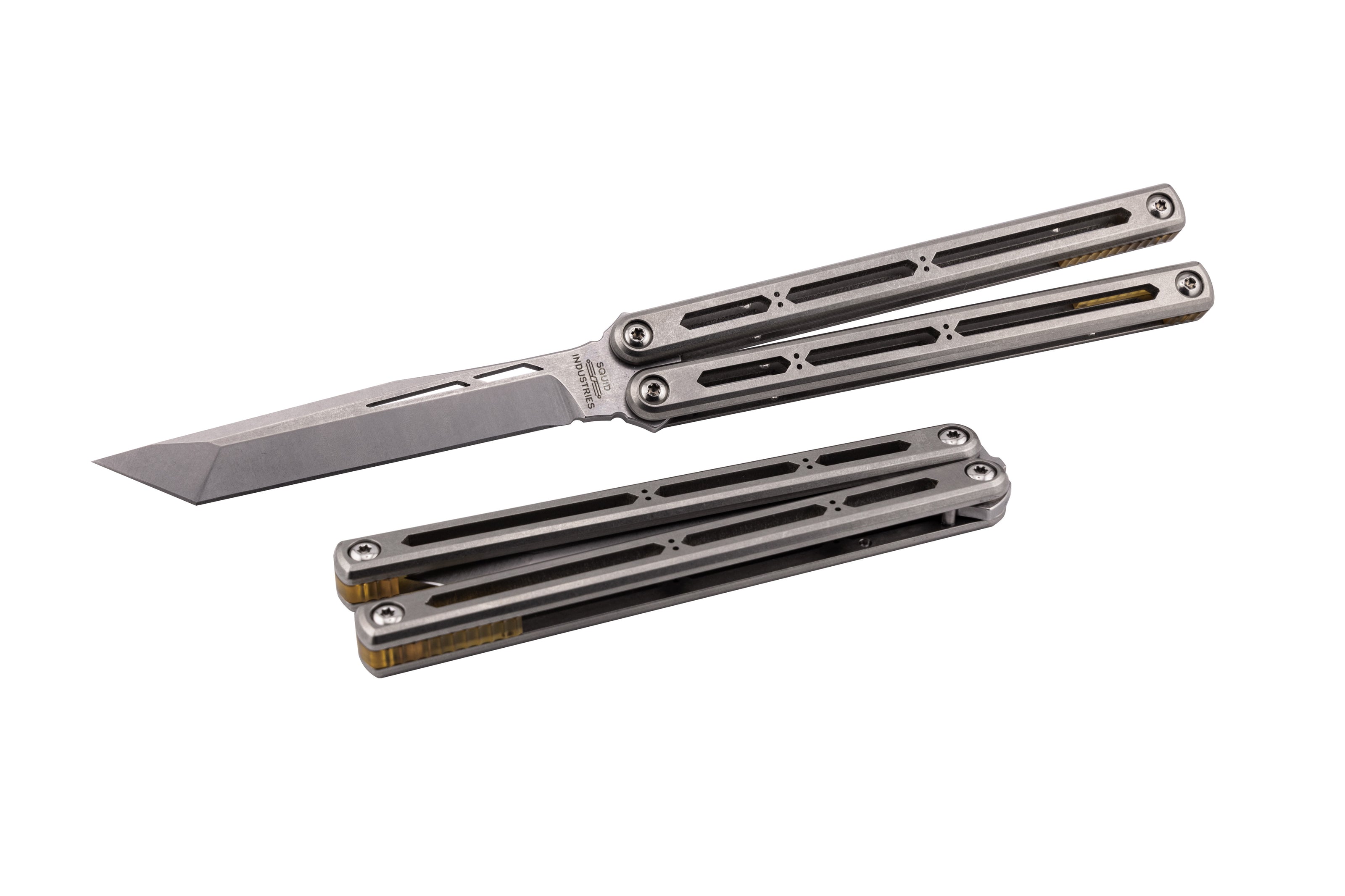 titanium hydro balisong butterfly knife trainer front open and closed position image