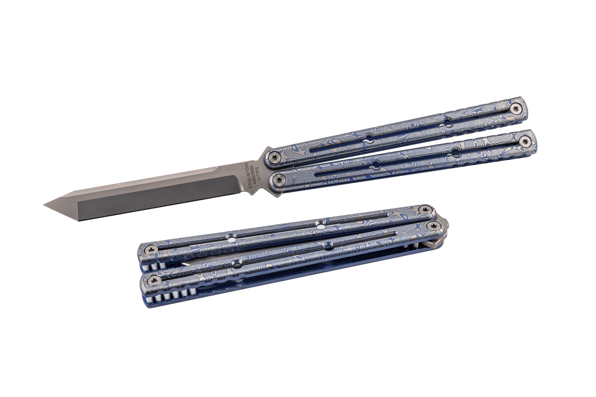 Blue Engraved Damascus Titanium Krake Raken ISO Style White Back Ground