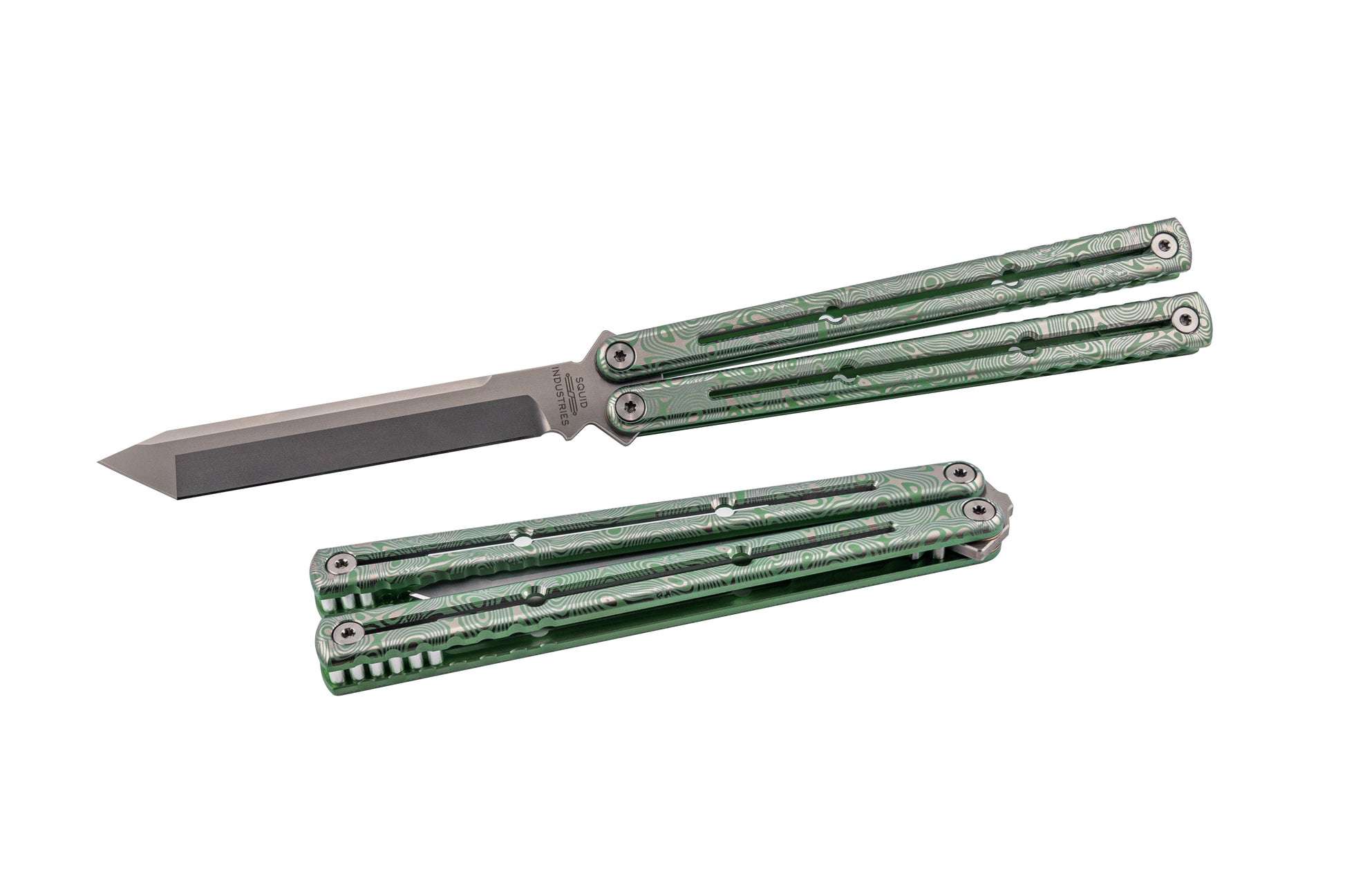 Green Engraved Damascus Titanium Krake Raken ISO Style White Back Ground