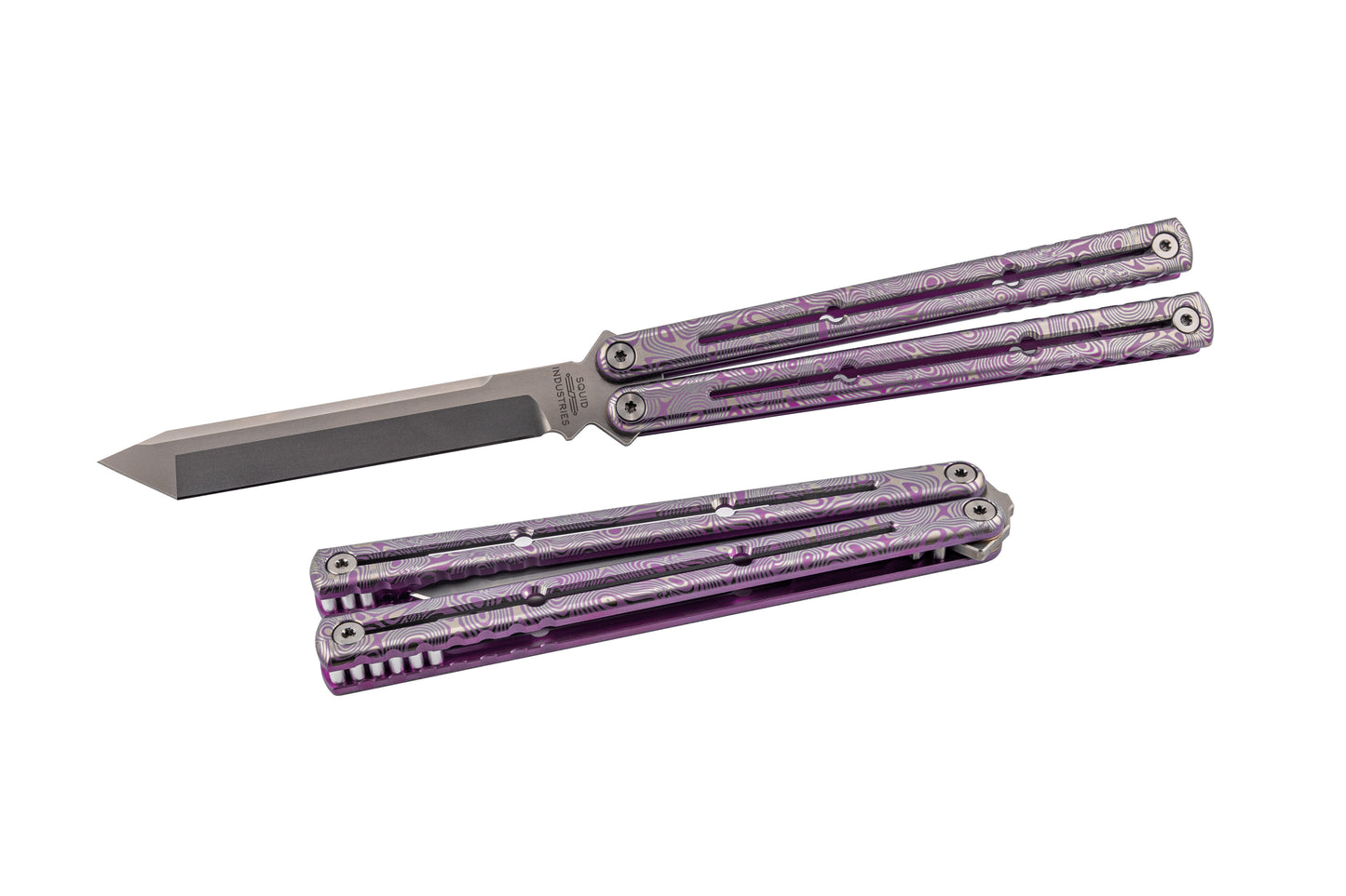 Magenta Engraved Damascus Titanium Krake Raken ISO Style  White Back Ground