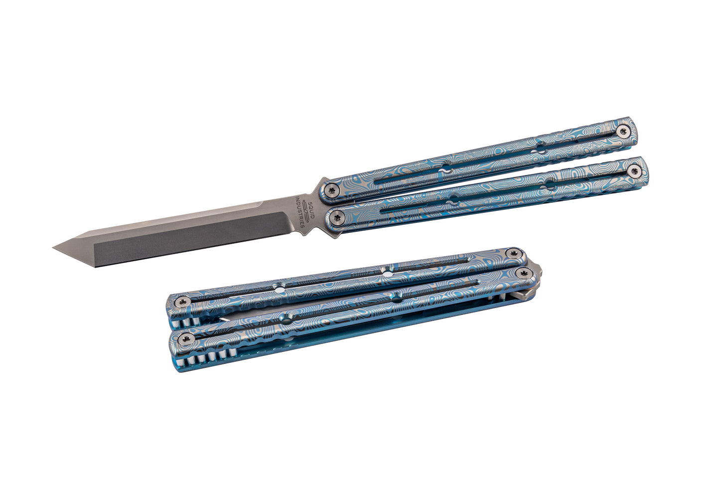 Teal Engraved Damascus Titanium Krake Raken ISO Style On White Background