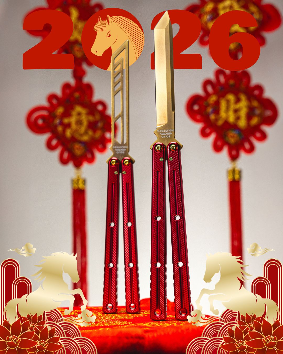 Lunar new year krake raken trainer and live blade with 2026 text and horse designs