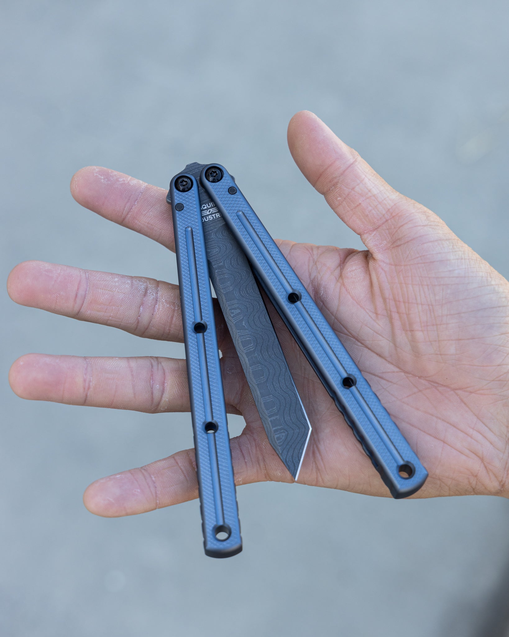 Matte Gunmetal Damascus Tanto Krake Raken Half Open On Hand