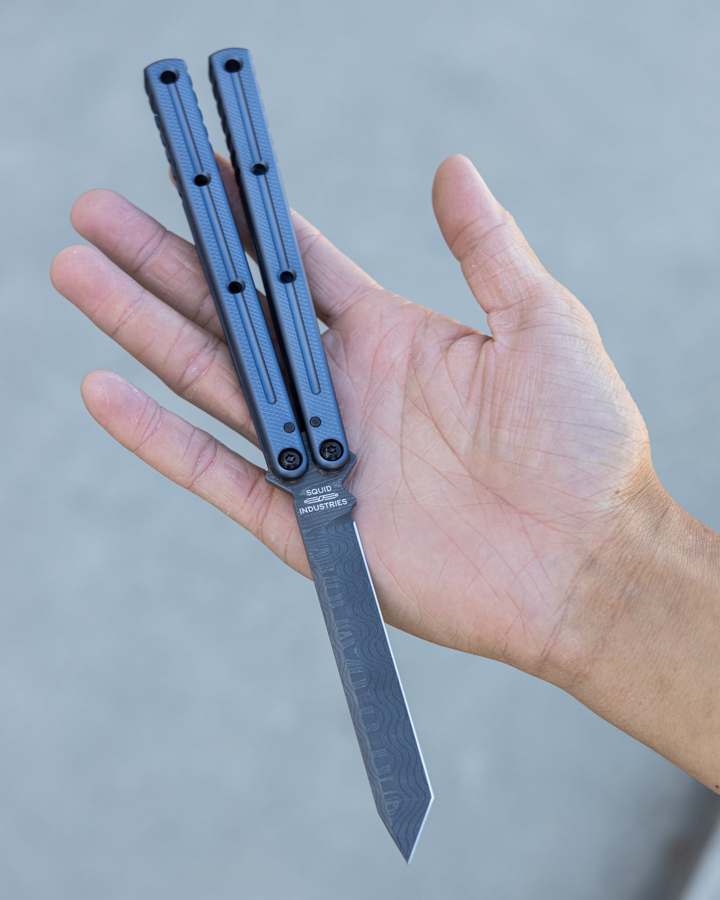 Matte Gunmetal Damascus Tanto Krake Raken Opened On Hand 